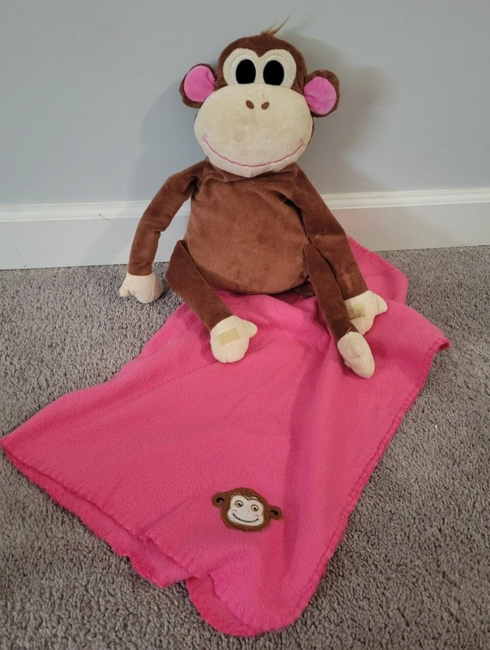 Brown Monkey Plush Lovey with Pink Blanket